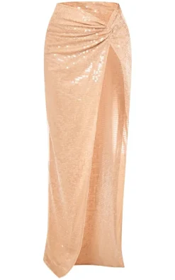 Hot PrettyLittleThing Sequin Twist Front Extreme Split Midaxi Skirt Nude