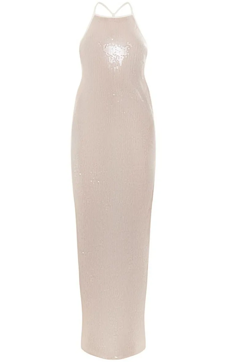 Sheer Sequin Cross Back Cowl Maxi Dress-PrettyLittleThing Clearance