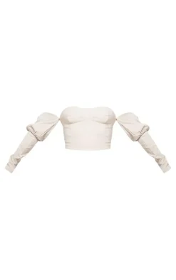 Nude Stretch Woven Bardot Long Sleeve Crop Top