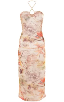 Tropical Print Mesh Halterneck Maxi Dress-PrettyLittleThing Outlet
