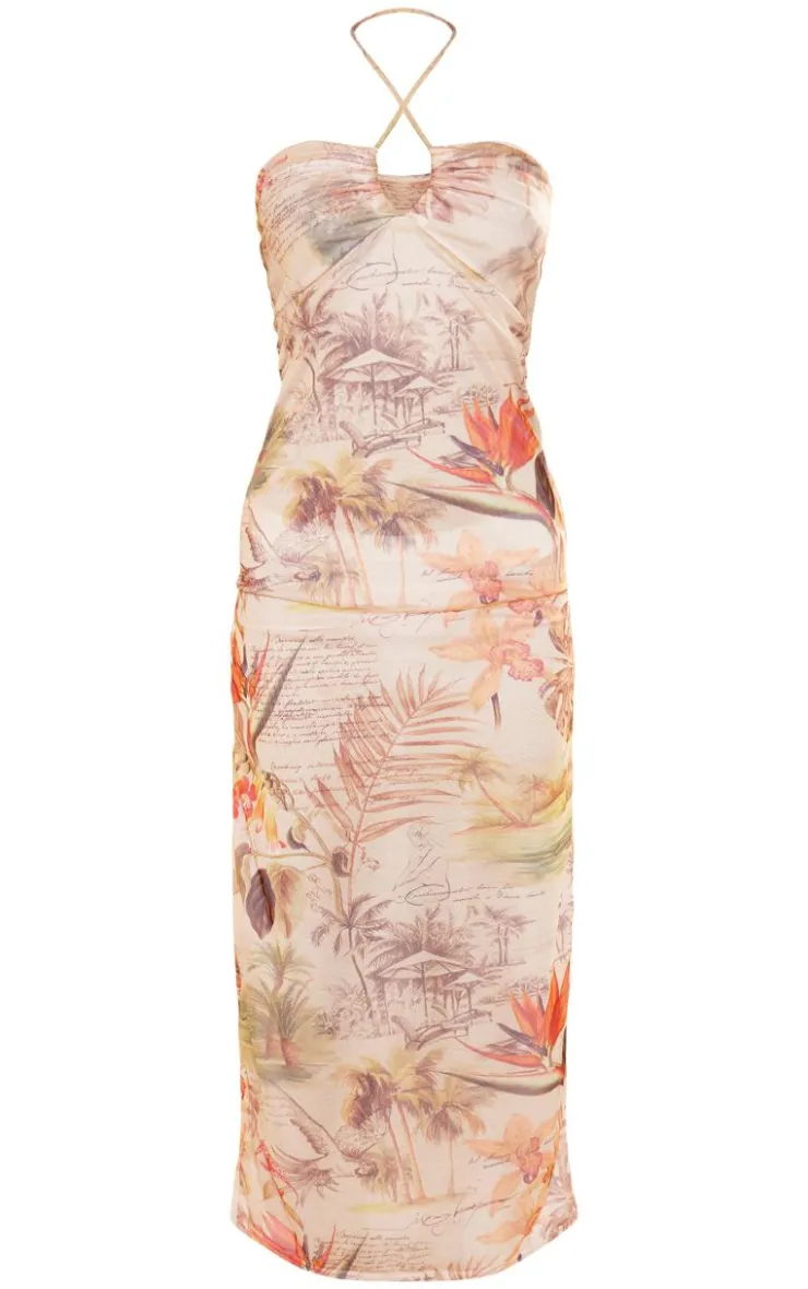 Tropical Print Mesh Halterneck Maxi Dress-PrettyLittleThing Outlet