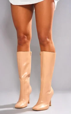 PrettyLittleThing Wide Fit Heels*Wide Fit Faux Leather Square Toe Heeled Knee High Boots