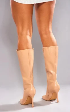 PrettyLittleThing Wide Fit Heels*Wide Fit Faux Leather Square Toe Heeled Knee High Boots