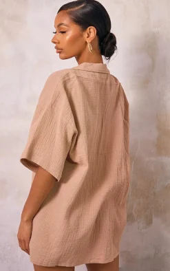 New PrettyLittleThing Woven Pocket Detail Short Sleeve Oversized Shirt Nude