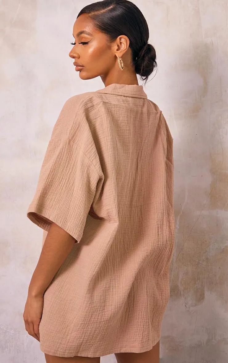 New PrettyLittleThing Woven Pocket Detail Short Sleeve Oversized Shirt Nude