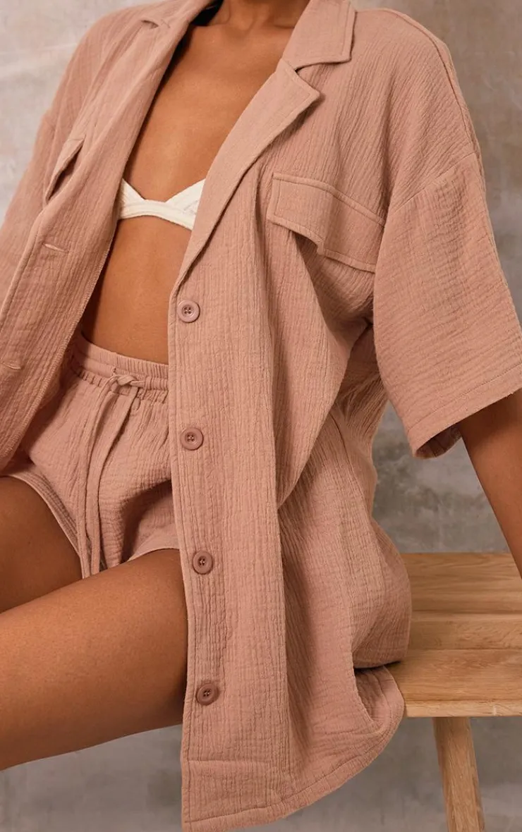 New PrettyLittleThing Woven Pocket Detail Short Sleeve Oversized Shirt Nude