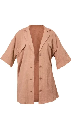 New PrettyLittleThing Woven Pocket Detail Short Sleeve Oversized Shirt Nude