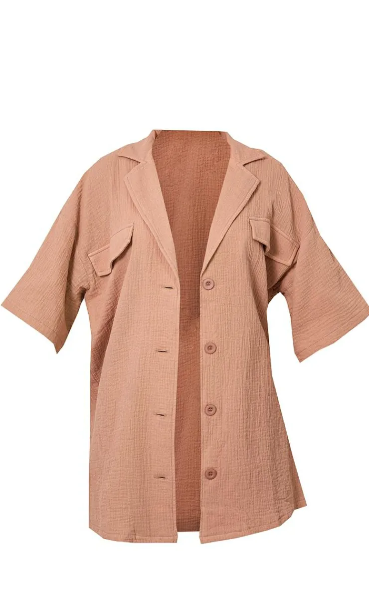 New PrettyLittleThing Woven Pocket Detail Short Sleeve Oversized Shirt Nude