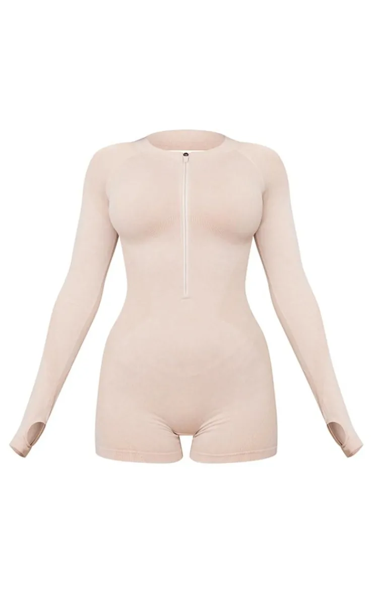PrettyLittleThing Seamless Gym Wear*Acid Wash Seamless Rib Cut Out Back Short Gym Unitard
