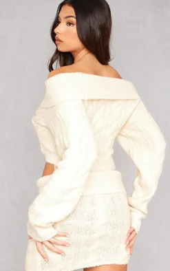 Discount PrettyLittleThing Bardot Foldover Detail Cropped Sweater Oatmeal