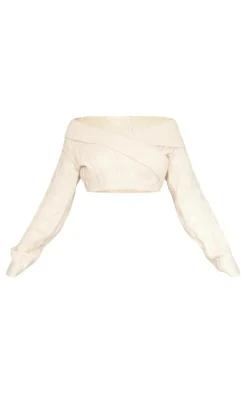 Discount PrettyLittleThing Bardot Foldover Detail Cropped Sweater Oatmeal