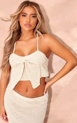 Hot PrettyLittleThing Bow Front Textured Crochet Crop Top Oatmeal