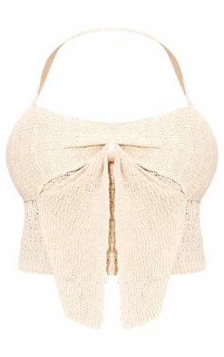 Hot PrettyLittleThing Bow Front Textured Crochet Crop Top Oatmeal