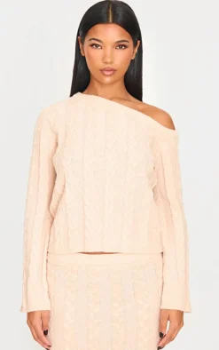 Online PrettyLittleThing Cable Knit Asymmetric Neckline Oversized Sweater Oatmeal