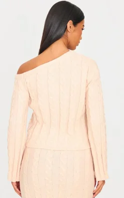 Online PrettyLittleThing Cable Knit Asymmetric Neckline Oversized Sweater Oatmeal