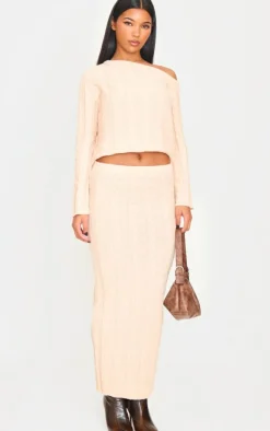 Online PrettyLittleThing Cable Knit Asymmetric Neckline Oversized Sweater Oatmeal