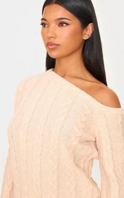 Online PrettyLittleThing Cable Knit Asymmetric Neckline Oversized Sweater Oatmeal