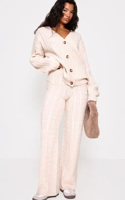 Online PrettyLittleThing Cable Knit Drawstring Waist Pants Oatmeal