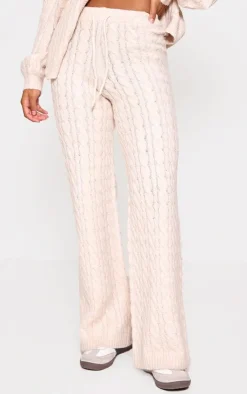 Online PrettyLittleThing Cable Knit Drawstring Waist Pants Oatmeal