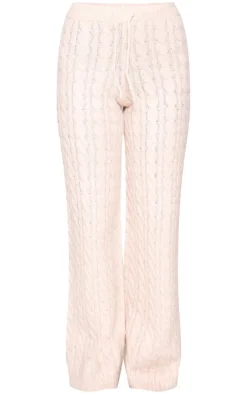 Online PrettyLittleThing Cable Knit Drawstring Waist Pants Oatmeal