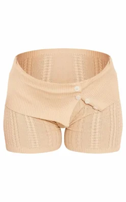 Discount PrettyLittleThing Contrast Cable Knit Fold Over Shorts Oatmeal