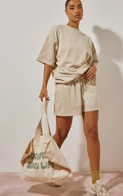 Discount PrettyLittleThing Cotton Oversized Boxy Shorts Oatmeal