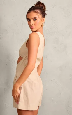 Oatmeal Cotton Poplin One Shoulder Cut Out Romper