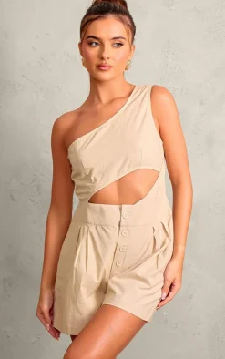 Oatmeal Cotton Poplin One Shoulder Cut Out Romper