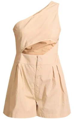 Oatmeal Cotton Poplin One Shoulder Cut Out Romper