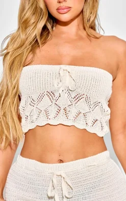 New PrettyLittleThing Crochet Knit Halterneck Bandeau Oatmeal