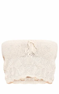 New PrettyLittleThing Crochet Knit Halterneck Bandeau Oatmeal
