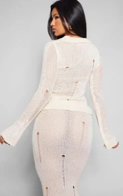 Sale PrettyLittleThing Distressed Knit Button Front Cardigan Oatmeal