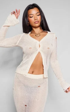 Sale PrettyLittleThing Distressed Knit Button Front Cardigan Oatmeal