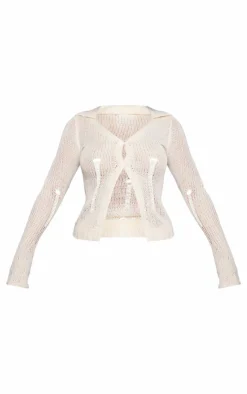 Sale PrettyLittleThing Distressed Knit Button Front Cardigan Oatmeal