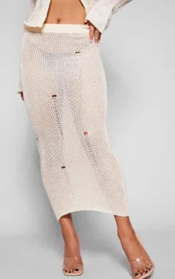 Sale PrettyLittleThing Distressed Knit Maxi Skirt Oatmeal