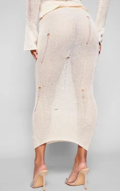 Sale PrettyLittleThing Distressed Knit Maxi Skirt Oatmeal