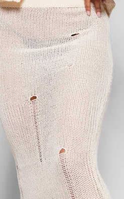 Sale PrettyLittleThing Distressed Knit Maxi Skirt Oatmeal