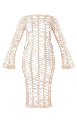 Extreme Open Knit Crochet Long Sleeve Midi Beach Dress-PrettyLittleThing Discount