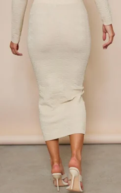 Clearance PrettyLittleThing Flower Embossed Bodycon Split Skirt Oatmeal