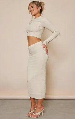 Clearance PrettyLittleThing Flower Embossed Bodycon Split Skirt Oatmeal