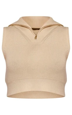 PrettyLittleThing Sleeveless Tops*High Neck Half Zip Knit Sleevless Top