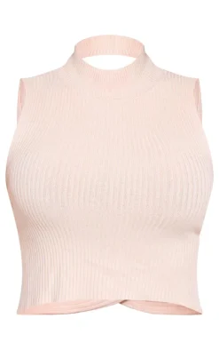 PrettyLittleThing Sleeveless Tops*Knitted Ribbed Racer Neck Open Back Top