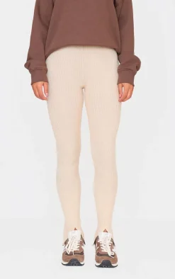 Discount PrettyLittleThing Knitted Split Hem Flare Pants Oatmeal