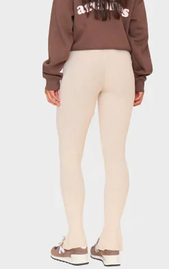 Discount PrettyLittleThing Knitted Split Hem Flare Pants Oatmeal
