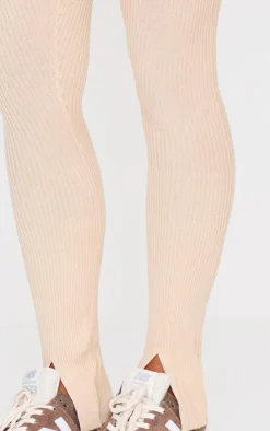 Discount PrettyLittleThing Knitted Split Hem Flare Pants Oatmeal