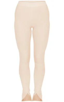 Discount PrettyLittleThing Knitted Split Hem Flare Pants Oatmeal