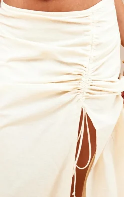 Oatmeal Linen Look Ruched Maxi Skirt