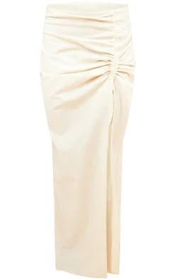 Oatmeal Linen Look Ruched Maxi Skirt