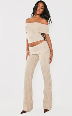 Hot PrettyLittleThing Marl Textured Knit Foldover Wide Leg Pants Oatmeal