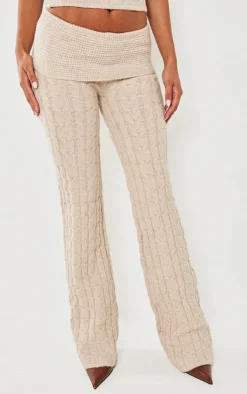Hot PrettyLittleThing Marl Textured Knit Foldover Wide Leg Pants Oatmeal